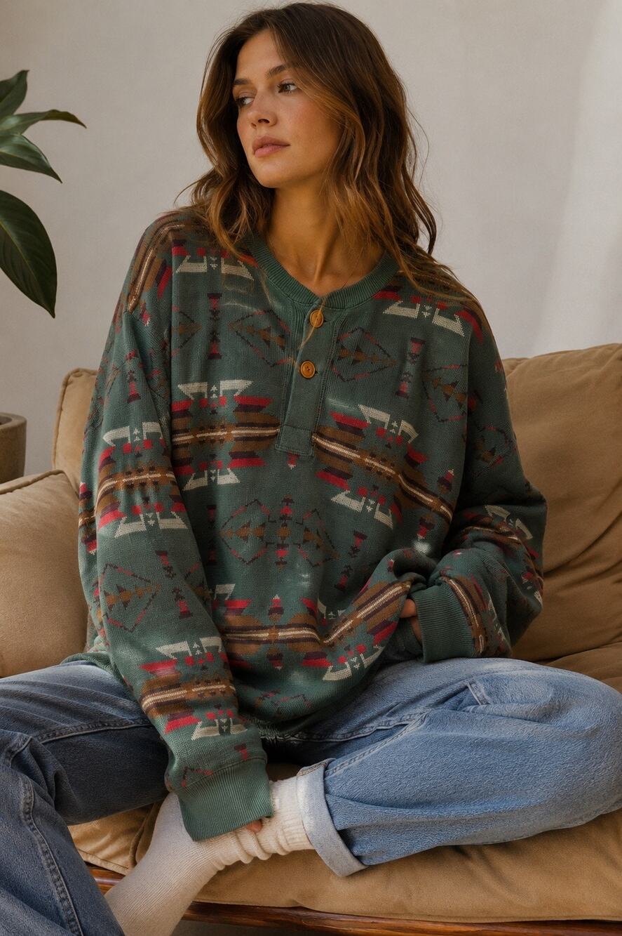 Vintage Polo Ralph Lauren Knit Henley Sweater Oversized Aztec Navajo Green XL